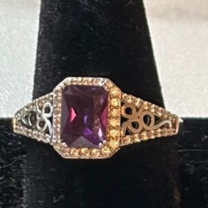 Purple Emerald Cut Halo Statement Ring Filigree Band Silver Size 9
